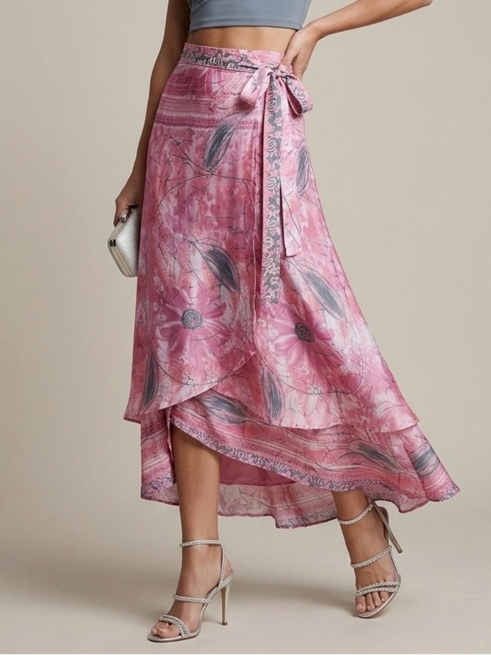 Jovani Pink Silk Floral Wrap Skirt Tiered Asymmetrical Formal Cocktail OS